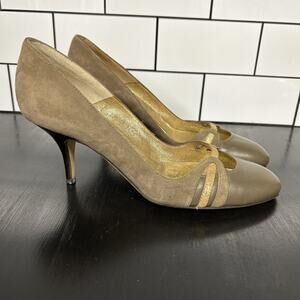 New Carmen Ho Nappa Taupe Low Heel Pumps Shoes Size 37.5 US Size 7